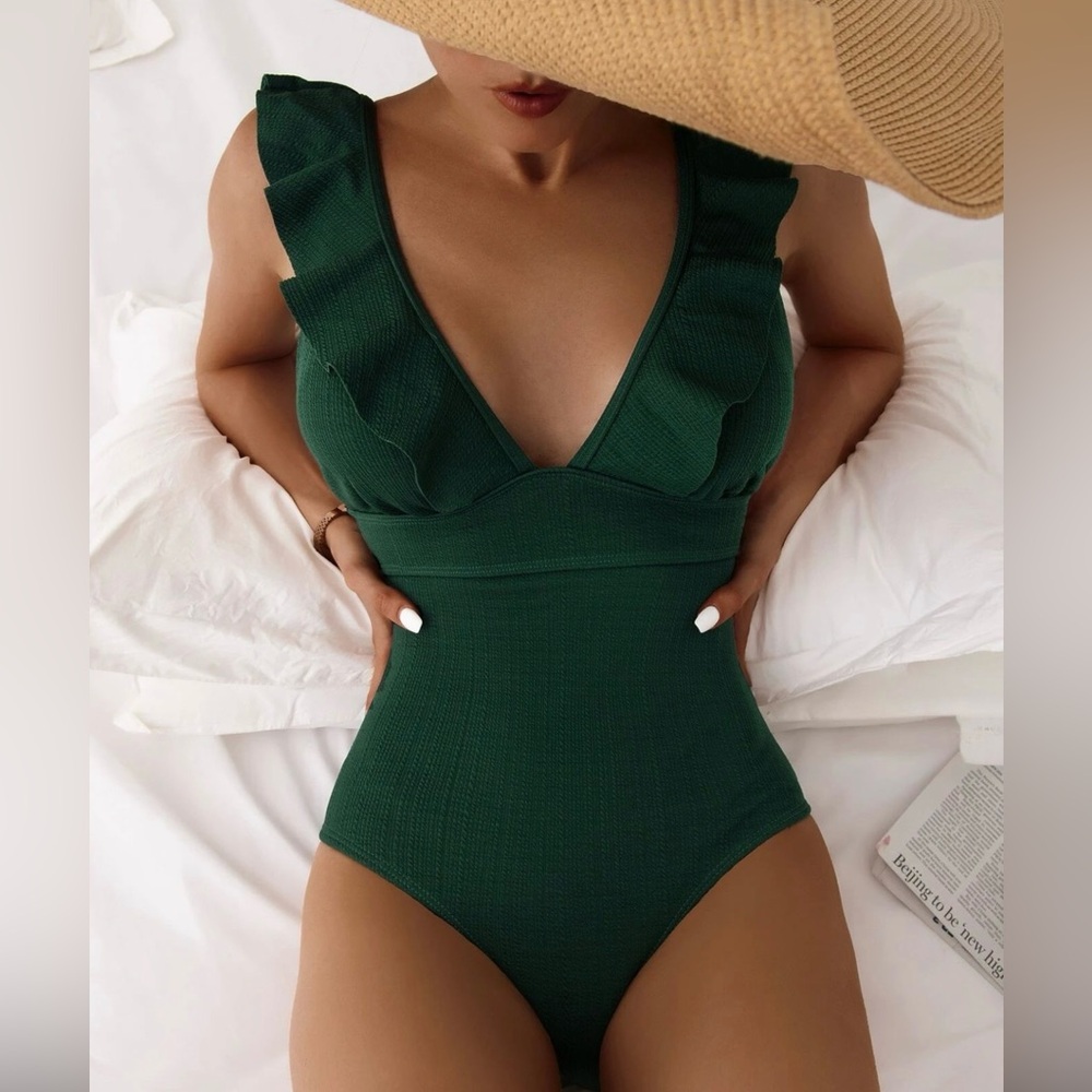 Green One Piece Ruffled Sleeve Swimsuit